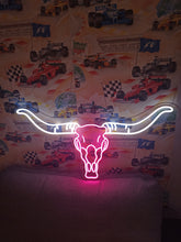 Load image into Gallery viewer, Bull scull neon sign, longhorn scull neon sign, bull scull neon light, Cow scull neon sign, Neon bull scull head sign, Western-themed neon sign, texas neon sign
