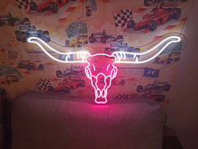Load image into Gallery viewer, Bull scull neon sign, longhorn scull neon sign, bull scull neon light, Cow scull neon sign, Neon bull scull head sign, Western-themed neon sign, texas neon sign