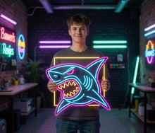 Load image into Gallery viewer, Shark neon sign, neon shark light, neon shark sign, shark LED sign, neon shark decor, custom shark neon sign, shark light-up sign, neon shark wall art, LED shark light sign, shark neon wall decor
