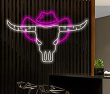Load image into Gallery viewer, Bull skull in hat neon sign, Bull Horns neon sign, Bull skull light up, Cowboy neon sign, Howdy neon light