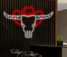 Load image into Gallery viewer, Bull skull in hat neon sign, Bull Horns neon sign, Bull skull light up, Cowboy neon sign, Howdy neon light