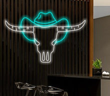 Load image into Gallery viewer, Bull skull in hat neon sign, Bull Horns neon sign, Bull skull light up, Cowboy neon sign, Howdy neon light