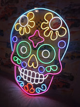 Load image into Gallery viewer, Painted Skull Neon Sign, Muertos Skull Neon Sign, Candy Skull Neon Sign