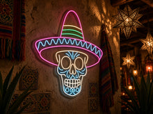 Load image into Gallery viewer, Sugar Skull Neon Sign, Sombrero Skeleton Neon Sign, Mexican Hat Neon Sign