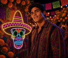 Load image into Gallery viewer, Sugar Skull Neon Sign, Sombrero Calavera Neon Sign, Mexican Skull Neon Sign
