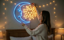 Load image into Gallery viewer, Moon face neon sign, sun face neon sign, luna neon sign, Neon Moon Mommy and Baby Sun decor, kid's room wall decor, Moon and Sun Lover Gift