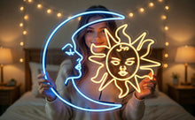 Load image into Gallery viewer, Moon face neon sign, sun face neon sign, luna neon sign, Neon Moon Mommy and Baby Sun decor, kid's room wall decor, Moon and Sun Lover Gift
