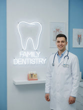 Load image into Gallery viewer, Family dentistry neon sign, molar tooth dental office neon sign