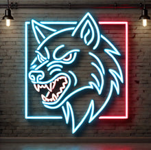 Load image into Gallery viewer, Angry wolf neon sign, wolf head neon sign, neon sign wolf head, fierce wolf neon sign, neon sign angry wolf head, wolf neon light, neon wolf head light, aggressive wolf neon sign, neon wolf head art