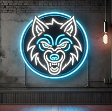 Load image into Gallery viewer, Angry wolf neon sign, wolf head neon sign, neon sign wolf head, fierce wolf neon sign, neon sign angry wolf head, wolf neon light, neon wolf head light, aggressive wolf neon sign, neon wolf head art