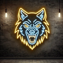 Load image into Gallery viewer, Angry wolf neon sign, wolf head neon sign, neon sign wolf head, fierce wolf neon sign, neon sign angry wolf head, wolf neon light, neon wolf head light, aggressive wolf neon sign, neon wolf head art
