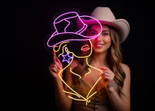 Load image into Gallery viewer, Cowgirl neon sign, girl in a cowboy hat led neon light, woman with a star earring light up sign, custom western decor