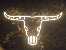 Load image into Gallery viewer, Bull skull neon sign, Bull Horns neon sign, Bull skull light up, Cowboy neon sign, Howdy neon light