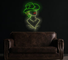 Load image into Gallery viewer, Cowgirl neon sign, girl in a cowboy hat led neon light, woman with a star earring light up sign, custom western decor green
