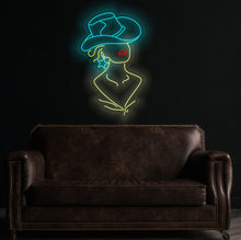 Load image into Gallery viewer, Cowgirl neon sign, girl in a cowboy hat led neon light, woman with a star earring light up sign, custom western decor turquoise