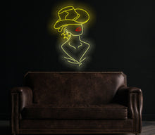 Load image into Gallery viewer, Cowgirl neon sign, girl in a cowboy hat led neon light, woman with a star earring light up sign, custom western decor yellow