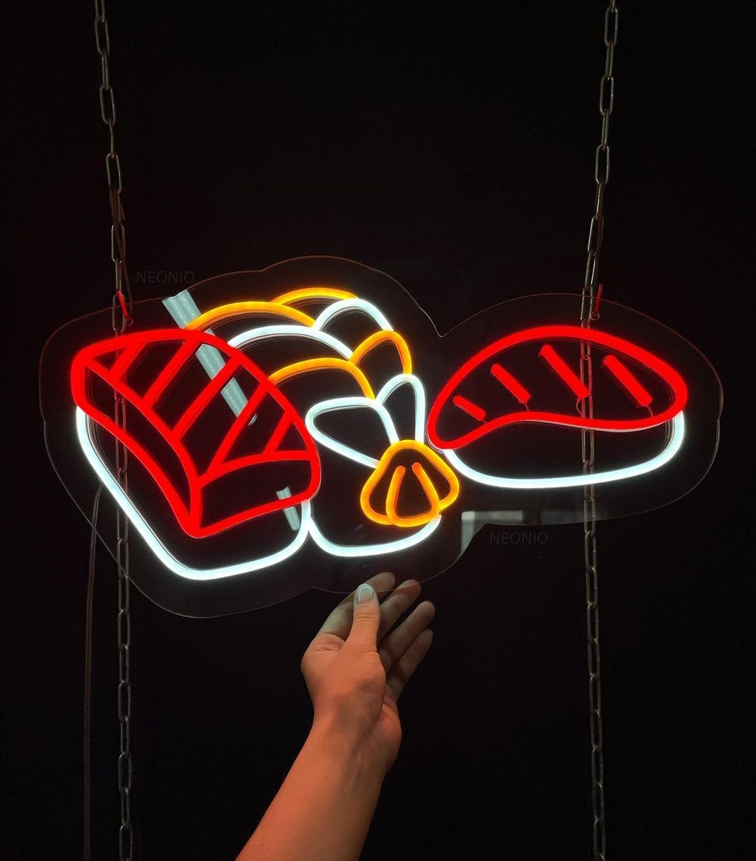 Sushi set neon sign, Japanese Delicacy neon sign, Sashimi and Rice neon sign, Asian Cuisine neon sign