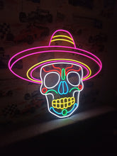 Load image into Gallery viewer, Muertos Sombrero Neon Sign, Mexican Hat Skull Neon Sign, Calavera Neon Sign

