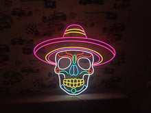 Load image into Gallery viewer, Muertos Sombrero Neon Sign, Mexican Hat Skull Neon Sign, Calavera Neon Sign
