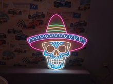Load image into Gallery viewer, Fiesta Skull Neon Sign, Sombrero Calavera Neon Sign, Mexican Skull Neon Sign picture
