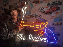 Load image into Gallery viewer, Smoking Revolver Neon Sign, gun with smoke neon sign, western pistol neon sign, fired revolver neon sign
