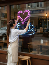 Load image into Gallery viewer, Coffee Cup Neon Sign with Heart Steam – Cozy Cafe LED Neon Wall Decor, Coffee Lover Gift turquoise
