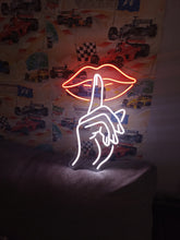 Load image into Gallery viewer, Shushing lips be quiet neon sign, hush finger mouth neon sign
