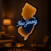 Load image into Gallery viewer, New Jersey map Neon Sign – Garden State Outline With Shoreline &amp; Skyline Glow Accent
