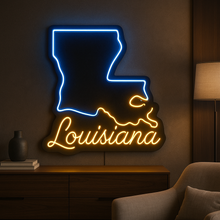 Load image into Gallery viewer, Louisiana map Neon Sign – Pelican State Outline With Bayou &amp; Gulf Coast Glow Accent
