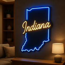Load image into Gallery viewer, Indiana map Neon Sign – Hoosier State Outline With Midwest Heartland Glow Accent Display
