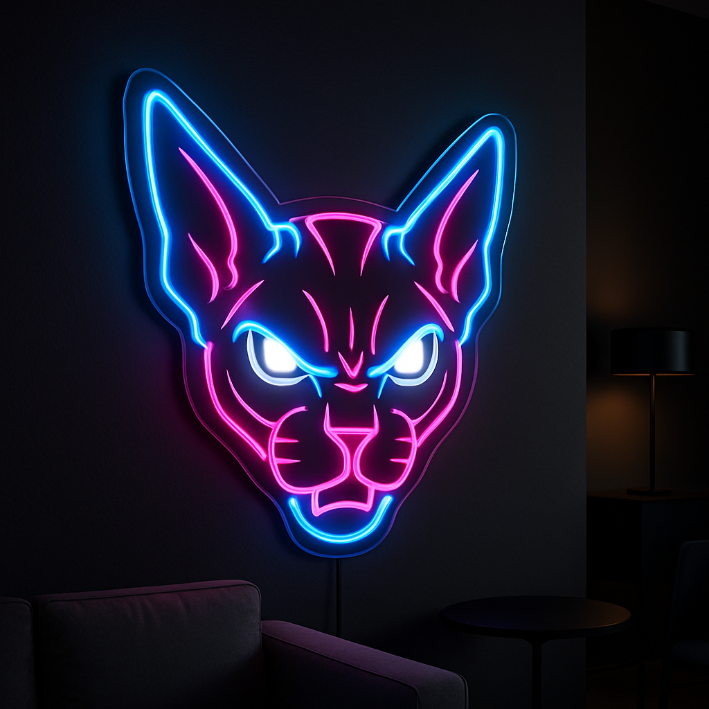 Sphynx Cat Neon Sign – Minimalist Egyptian Cat Wall Light – Modern Hairless Pet Decor – Glowing Feline Line Art for Cat Lovers