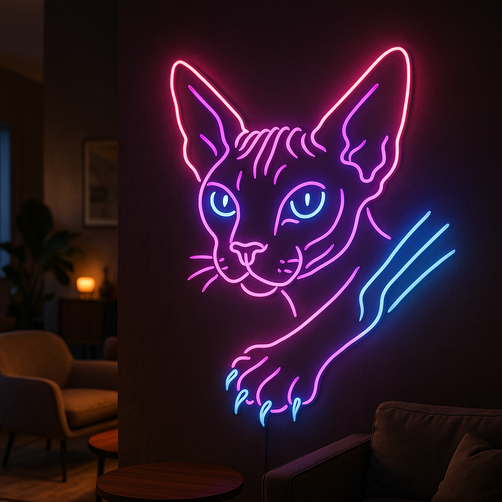 Sphynx Cat Neon Sign – Minimalist Egyptian Cat Wall Light – Modern Hairless Pet Decor – Glowing Feline Line Art for Cat Lovers