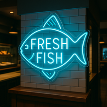 Load image into Gallery viewer, Fresh Fish Neon sign – Seafood Market Typography &amp; Silhouette | Fishery Catch of the Day sign
