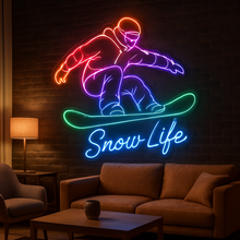 Load image into Gallery viewer, Snowboarder on Rail Neon Sign, snowboard trick neon sign, freestyle snowboarding neon sign, jump rail neon sign
