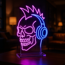 Load image into Gallery viewer, Skull with Headphones Neon Sign, DJ Skull Neon Sign, Skeleton Gamer Neon Sign Blue
