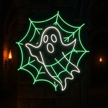 Load image into Gallery viewer, Ghost In Spider Web neon sign, Webbed Ghost neon sign, Spooky Web neon sign
