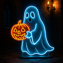 Load image into Gallery viewer, Ghost with Pumpkin Neon Sign, Spooky Spirit Neon Sign, Pumpkin Ghost Neon Sign
