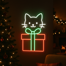 Load image into Gallery viewer, Cat in Box Neon Sign, Christmas Kitten Neon Sign, Present Box Cat Neon Sign Multicolor
