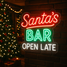 Load image into Gallery viewer, Santas Bar Open Late Neon Sign, Christmas Pub Neon Sign, Holiday Tavern Neon Sign Multicolor
