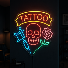 Load image into Gallery viewer, Tattoo Machine Neon Sign, Skull and Rose Neon Sign, Tattoo Studio Neon Sign Multicolor
