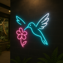 Load image into Gallery viewer, Hummingbird Over Flower neon sign, Hummingbird neon sign, Floral Hummingbird neon sign Multicolor
