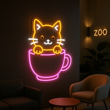 Load image into Gallery viewer, Kitten in Teacup Neon Sign, Kitty Coffee Mug Neon Sign, Adorable Cat Neon Sign Multicolor
