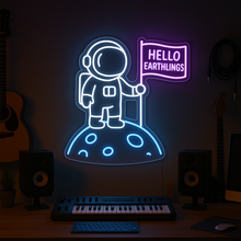 Load image into Gallery viewer, Hello Earthlings Neon Sign, Moon Astronaut Neon Sign, Spaceman Flag Neon Sign
