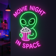 Load image into Gallery viewer, Movie Night in Space Neon Sign, Cinema Alien Neon Sign, Galactic Popcorn Neon Sign
