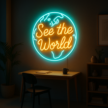 Load image into Gallery viewer, See The World Neon Sign, Planet Earth Neon Sign, Travel Globe Neon Sign
