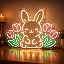 Load image into Gallery viewer, Easter Bunny Neon Sign, Floral Bunny Neon Sign, Garden Rabbit Neon Sign Multicolor
