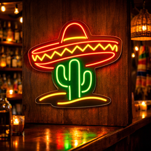 Load image into Gallery viewer, Cactus with Sombrero Neon Sign, Saguaro Neon Sign, Mexican Fiesta Neon Sign Multicolor
