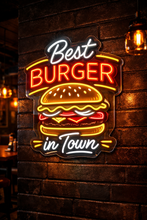 Load image into Gallery viewer, Best Burger in Town Neon Sign, Retro Diner Neon Sign, Cheeseburger Neon Sign Multicolor
