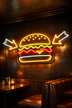 Load image into Gallery viewer, Burger With Arrows neon sign, Pointing Arrows Burger neon sign, Neon Burger neon sign Multicolor

