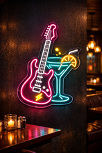 Load image into Gallery viewer, Cocktail and Guitar Neon Sign, Martini music neon sign, Rock bar neon sign Multicolor
